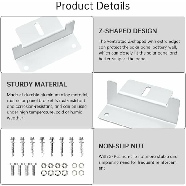 Solpanelbeslag og fastgørelse, 4 stk. Solpanel Z-beslag til montering af solpaneler, Z-beslag med møtrikker og skruer til autocamper - RWSolar Pan