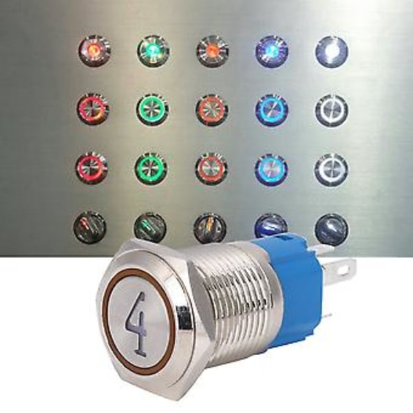 2 ST 5-polig Metall Tryckknappsbrytare 16mm Platt Huvud Självåterställande Med Lampa 24VDC Gul, Belyst Momentan Brytare, Vattentät, Hållbar, Enkel