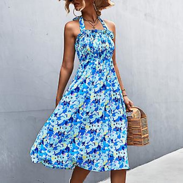 Trendig Blå Blommig Halterneck Klänning - Rygglös Volangkant Smock Elegant Sommarmode, XL