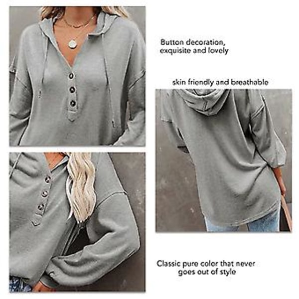 Blus Långärmad V-ringning Knapp Enfärgad Casual Trendig Hooded Toppar för Kvinnor Grå M