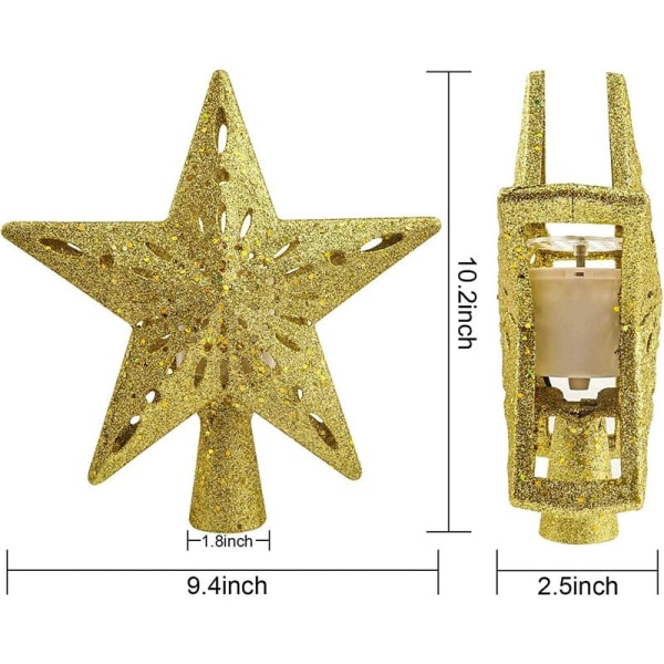 Julgransljusstjärna med roterande LED-snöflingaprojektor, 2 i 1, guldglitter, 5 punkter, 24 cm, för julgransdekoration (gyllene