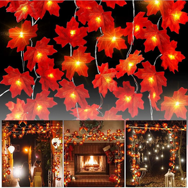 Ljus med lönnlöv, 6 m 40 LED-ljus med lönnlöv, ljusslinga med lönnlöv, höstljusslinga, för Thanksgiving, Halloween, jul, heminredning