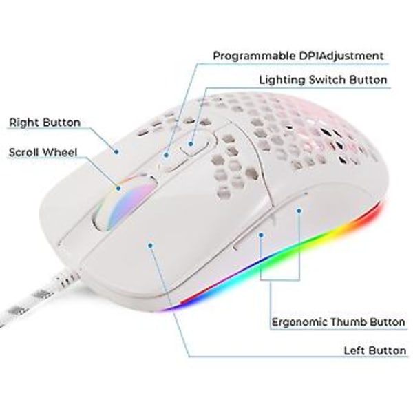 Honeycomb Shell Kablet Mekanisk Gaming Mus USB Lysende Lys Mus 7200dpi Justerbar Optisk Gamer Mus, Hvid
