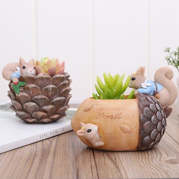 Blomsterpot Tegneserie Dyr Sød Kødfuld Egern Blomsterpot Harpiks Sukkulent Desktop Potter Dekoration til Kontor
