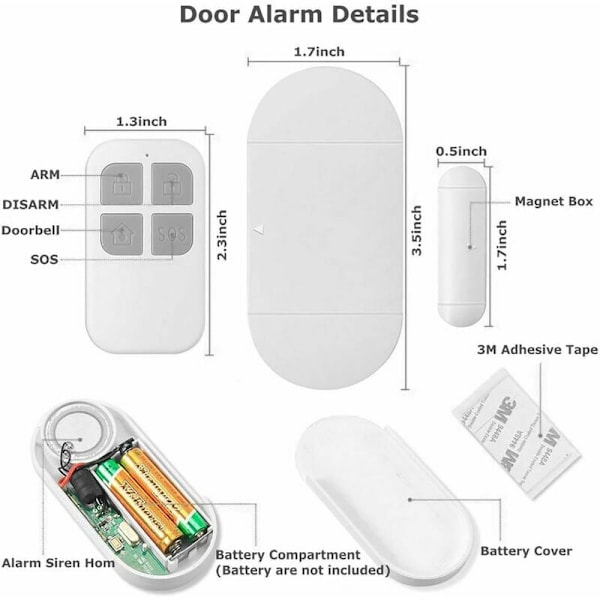 Dörr- och fönsterlarm, larm med 130 dB siren, 2 fjärrkontroller, enkelt att installera, trådlöst hemlarm -