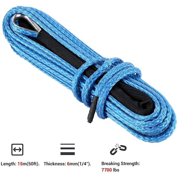 Vinsjtau 15m Kabel 7700lbs Nylon Tilhenger Gjenoppretting Tauing Stropp for SUV ATV UTV TrunkBlue