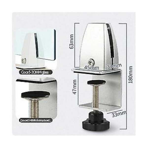 2 stk. Aluminium Legering Glas Klips Justerbar Mobil Skærm Klips Kontorbords Skillevæg Klips Sort