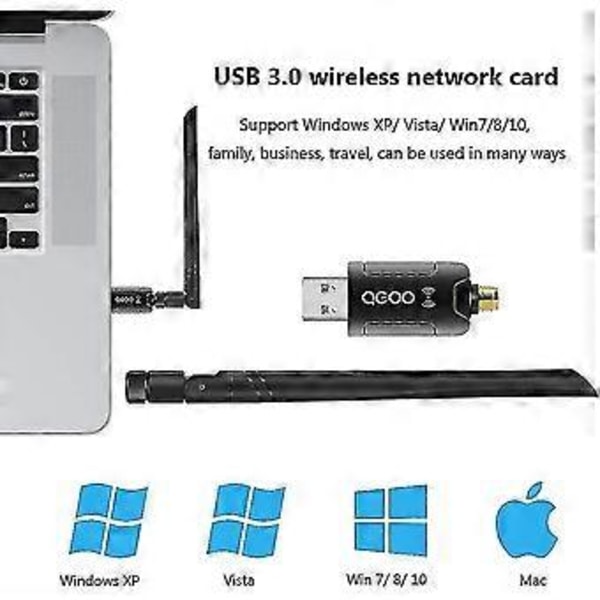 Otwoo Wifi-adapter för PC, 1200mbps Usb 3.0 Trådlös Nätverks Wifi-dongel med 5dbi Antenn för Stationär/Laptop, Dual Band 2.42g/5.8g 802.11ac, Stöd