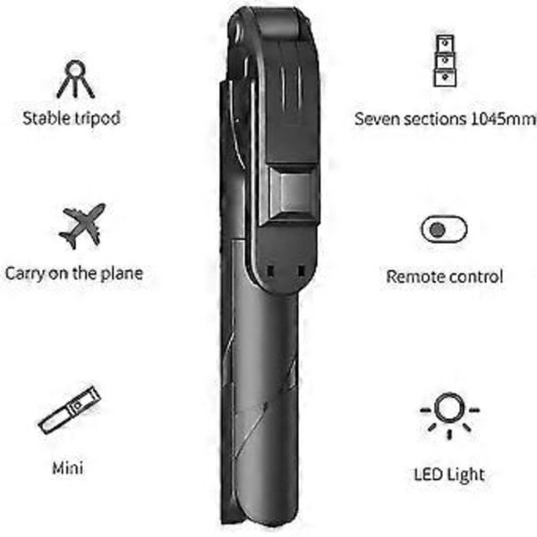 Selfie Stick Tripod med Fjernbetjening og LED-lys, Udtrækkelig Selfie St...