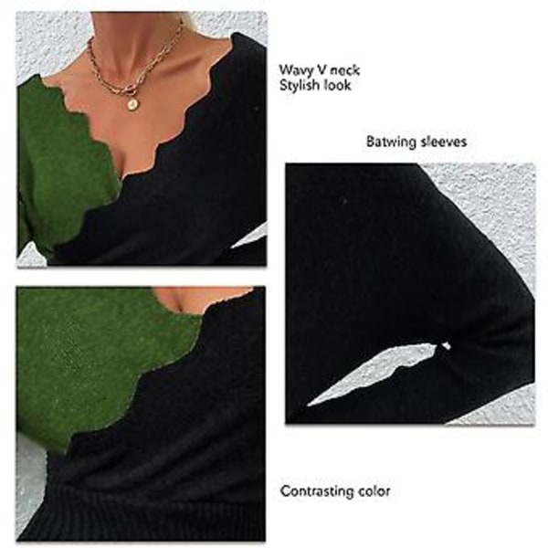 Strikket Kjole V-hals Bølget Lang Dukkeærme Polyester Mode Maskinvaskbar Dametøj Grøn S