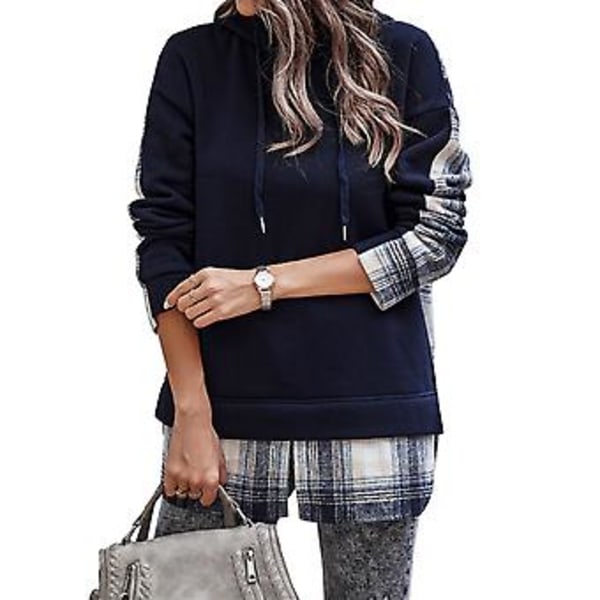 Dam Patchwork Hoodie Polyesterfiber Långärmad Öppen Fåll Pullover Pläd Patchwork Hooded Sweatshirts för Dagligt Arbete Marinblå M
