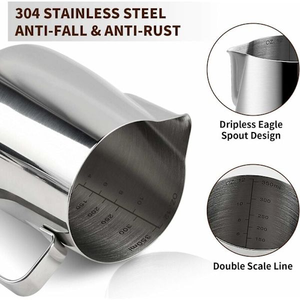 Barista mjölkkanna i rostfritt stål 350 ml (12 oz) mjölkkanna för rostfritt stål kaffe mjölkskum cappuccino och latte (Silver 12 oz/350 ml)