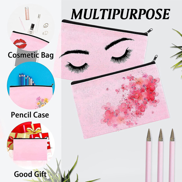 16 pakke rosa lerretssminkeveske, bulk kosmetikkvesker med flerfarget glidelås, lerretsglidelås blyantveske