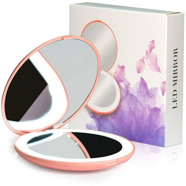 LED Kompakt Spejl, Belyst Rejsespejl, 10x Forstørrelse, Bærbar, Dobbeltsidet, Bærbar Makeup Spejl til Lomme, Taske, Gave, Pink, 3.5\" Rou