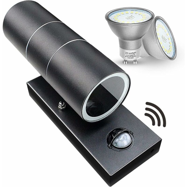 Utomhusvägglampor Utomhus PIR Rörelsesensor Upp Ned Vägglampa IP44 Säkerhetslampor Matt Svart 240V - Inkl. 2X 5W Varmvita LED-lampor-DE