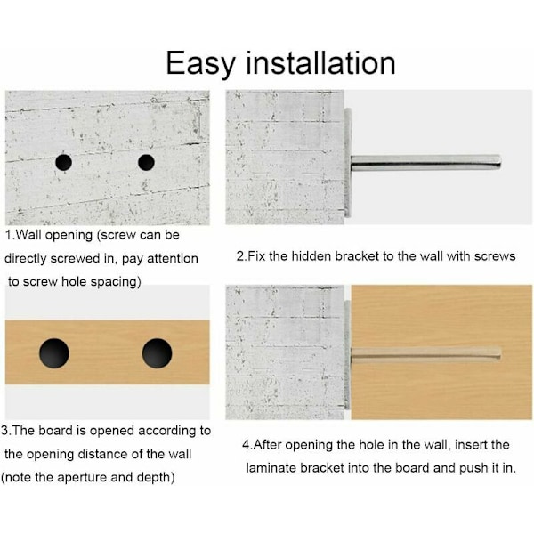 4 stk. usynlige flytende hyllebraketter skjult feste T-form vegg hyllebrakett for å feste trehyllekonsoller usynlige treverkhyller DIY