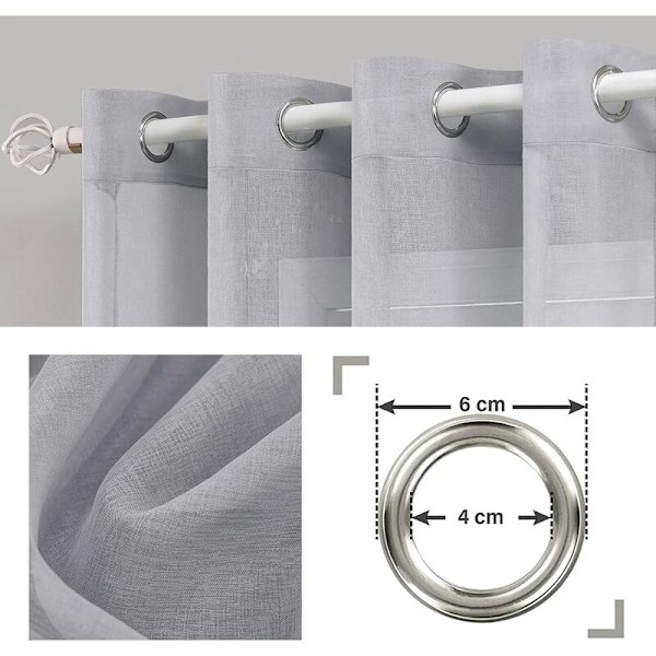 Grå transparent gardin 140x160cm linneeffekt - transparent voile sovrumsgardiner med öljetter halvtransparent för inredning vardagsrum modernt kök gardin