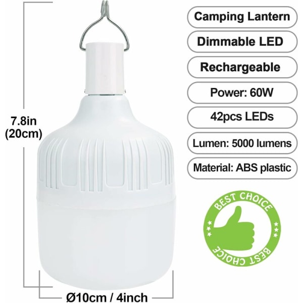 Camping lanterne, 60W 5000 Lumen Lumiere Camping, 5-trins dæmpbar USB hængelampe, bærbar genopladelig lampe til camping, vandreture, eventyr, have