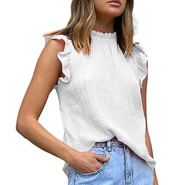 Sommer Ruffle Ermeløs Skjorte Moderne Ensfarget Casual Tanktopper Bluse for Daglig Arbeid Beige S
