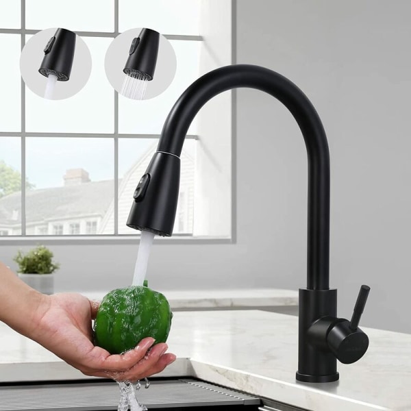 Black Kitchen Faucet, Sink Mixer Tap with Pull-Out Spray in Stainless Steel, Kitchen Mixer Tap with 2 Jet Modes, High Spout and 360° Rotatable, Anti