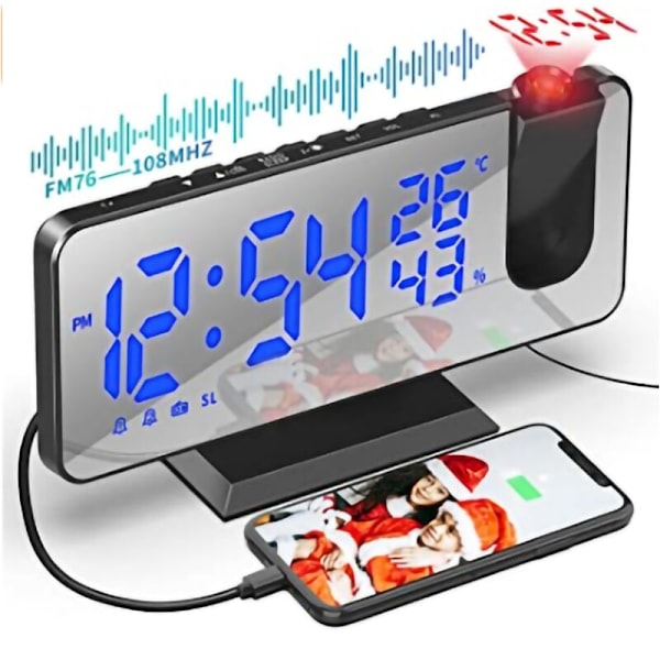 Projektionsväckarklocka för tak, väckarklockradio med projektion i taket, med 7,5 tums spegelskiva, temperatur USB-port, dubbla väckarklockor,
