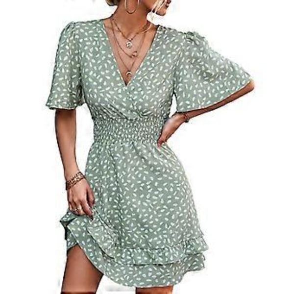 Elegant Grøn Blomsterprint Kjole med Flæseærmer - Afslappet Sommeroutfit til Kvinder, XL