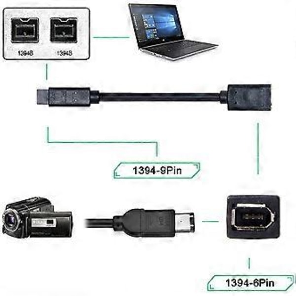20 cm Længde IEEE 1394 6-Pin Hun til 1394b 9-Pin Han Firewire 400 til 800 Kabel Kamera Konverter Kabel