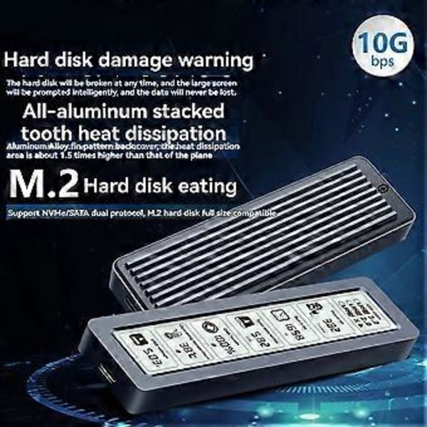 M.2 NVME/NGFF SATA SSD-kabinett med skärm Intelligent Digital Hälsoövervakning USB3.2 Gen2 Type-C 10Gbps