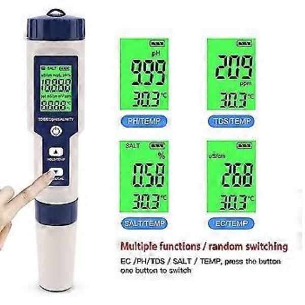 Ph-måler, 5 i 1 Ph/tds/ec/orp/temperatur, vandkvalitetsmonitor til swimmingpools, hydroponi, drikkevand, akvarier