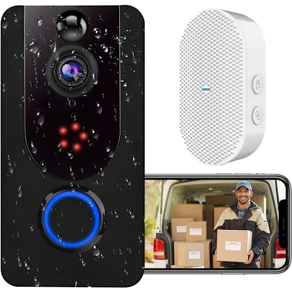 1080P Wireless Video Doorbell, Doorbell with Camera with PIR Motion Detection, Doorbell Camera with Free Lifetime Cloud Service, IP64 Waterproof, Cl