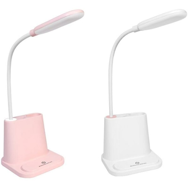 LED-skrivebordslampe med pennholder og telefonstativ, skrivebordslampe, bordlampe med USB-port, trykkontroll for lesing på soverommet Hvit