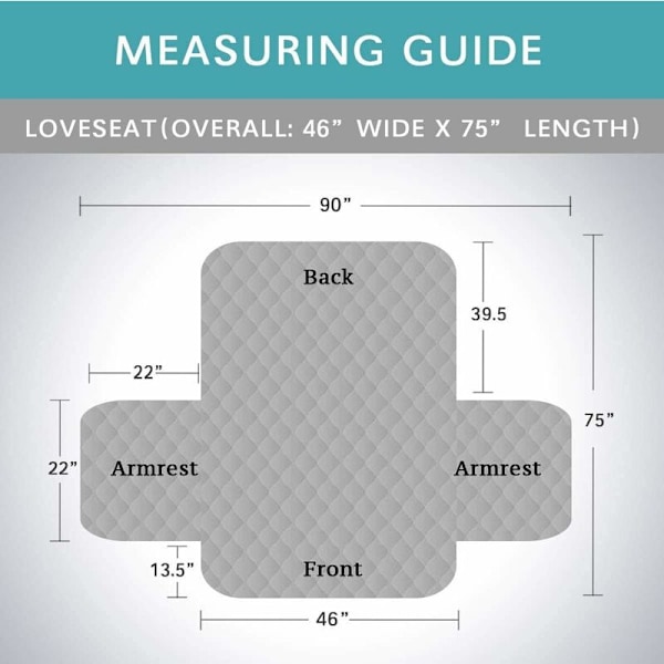 Reversibel sofföverdrag, möbelskydd, 2-sits soffa quiltad, sittbredd upp till 46\", halkfri 2\" rem, maskintvättbar