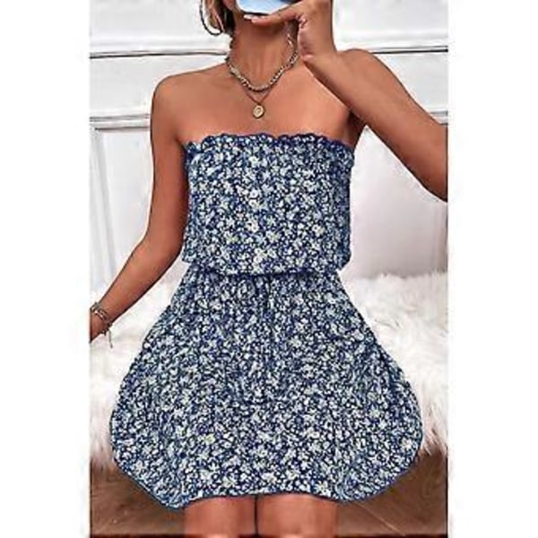 Charmerende Blå Stropløs Off Shoulder Kjole - Moderigtig Blomstret Sommerkjole, L