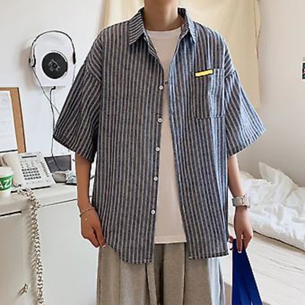 Randig skjorta för män, trendig avslappnad kortärmad herrskjorta med knappar för sommaren, gråblå XL