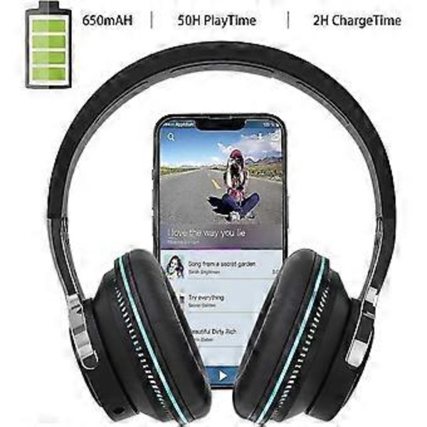 Bluetooth-kuulokkeet korvan yli, LED-valolla varustetut langattomat kuulokkeet korvan yli Hi-fi Stereo Taitettavat langalliset kuulokkeet mikrofonilla yhteensopivat (musta)