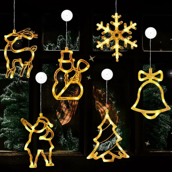 Julevinduslys, 6 stykker LED sugekop vindueslys, julevinduesdekorationslys, 3D hængende julelys, LED jul