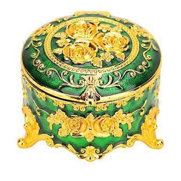 Retro Rund Smyckeskrin - Rosmönstrad Metallåda för Örhängen, Halsband Guld Grön