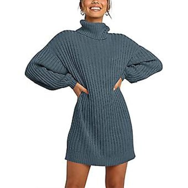 Tröjklänningar Hög Krage Långa Lyktärmar Pullover Ledig Lös Klänning för Kvinnor Disblå M