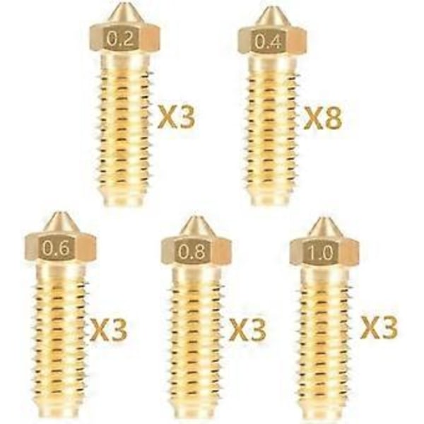 20 stk. Messingdyser Kit til 3, 3D Printer 8 stk. 0,4 mm og 3 stk. 0,2 mm, 0,6 mm, 0,8 mm, 1,0 mm Dyser Kit