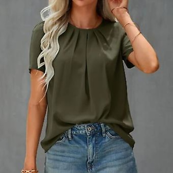 Dam Skjorta Sommar Enfärgad Rund Hals Casual Lös Puffärm Skjorta Kortärmad Basic Topp Armégrön M