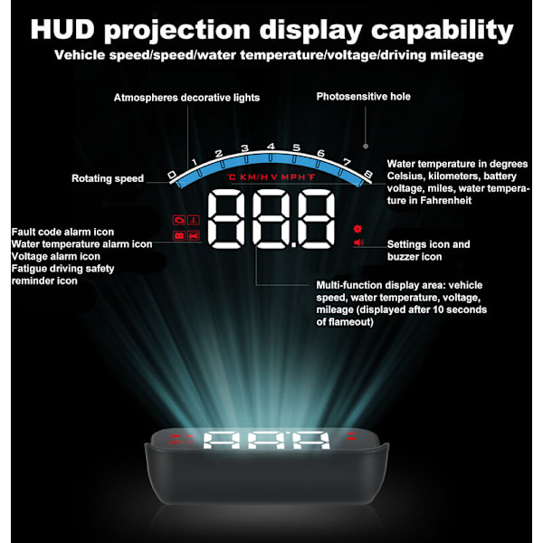 Universaali High Definition -auton Head Up -näyttö OBD HUD Tuulilasin Projektori Ylinopeus Turvahälytin