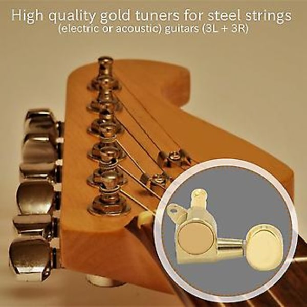 6 Gitar Stemmeskruer Låsing Tangenter Gitarstrenger Knapp 3l + 3r Gull
