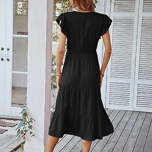 Elegant Sort Flæse Midikjole med Lag - V-Hals Flæseærme A-Linje Ensfarvet Sommermode, L