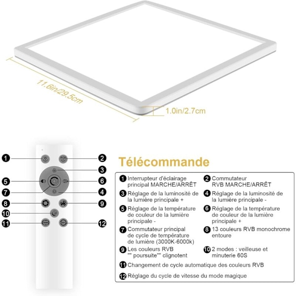 Led-kattovalaisin, 24 W:n himmennettävä neliön muotoinen kattovalaisin kaukosäätimellä, 3200 lm:n LED-kattovalaisin makuuhuoneeseen 3000K-6000K, 13 RGB-väriä kattovalaisin,