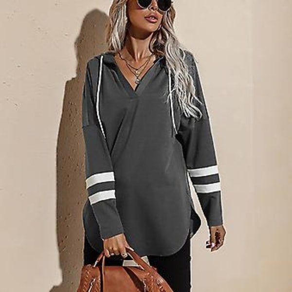 Bluse V-hals Langærmet Snøre Uregelmæssig Løs Kant Casual Hættetrøje til Kvinder Grå M