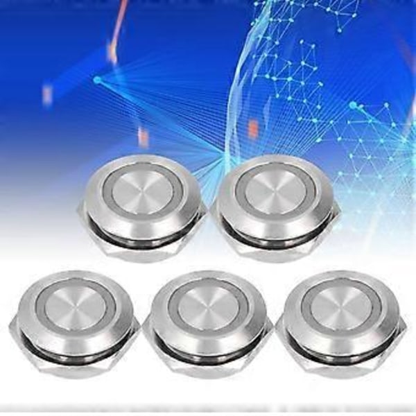 5 st Momentan Tryckknapp Metall Självåterställande Ultratunn Vattentät med LED 19mmDC12~24V Gul
