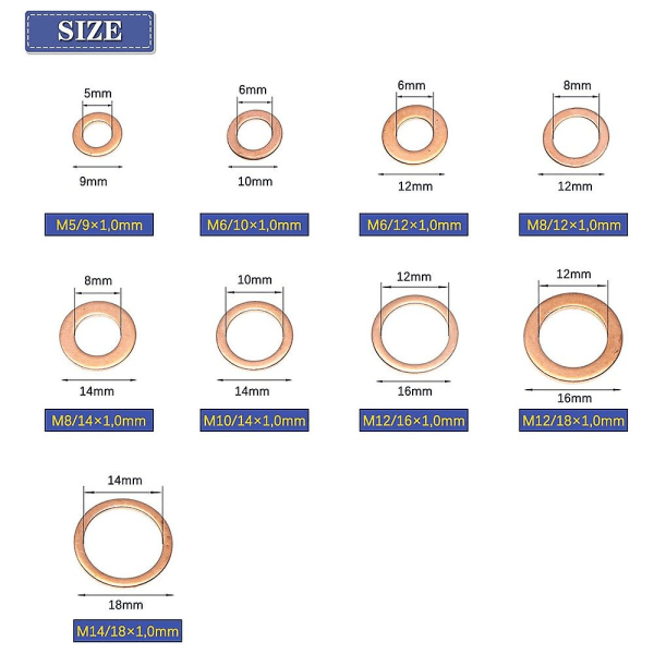 200 kpl:n litteän kuparialuslevyn valikoima, metriset tiivistealuselevyt, 9 kokoa, M5-m14 O-rengaskupartiivisteet, litteän renkaan tiivistesarja erilaisiin sovelluksiin