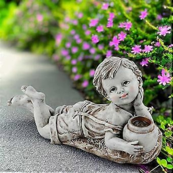 Barn med solcellelamper Hagedekorasjon Utendørs Statue Resin Krukke Gutt Blomsterbed Hageskulptur Dekor