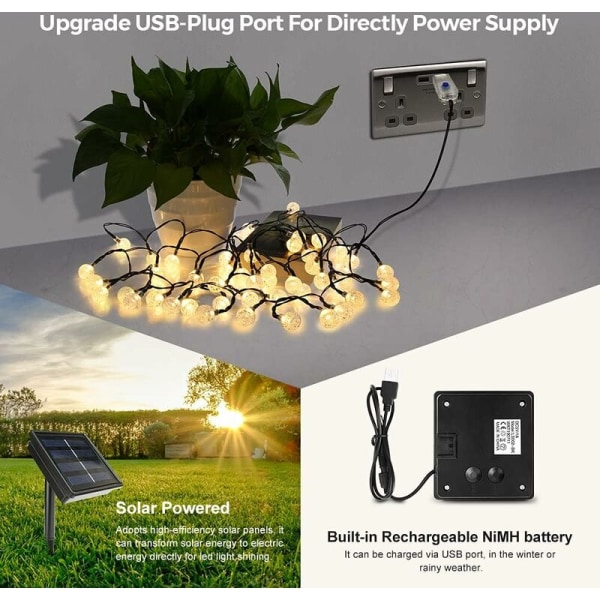 Solcellslingor, 9M 50 LED-slingor för utomhus och inomhus 8 lägen IP65 Vattentät, USB-slingor för jul, fest, trädgård, Pat