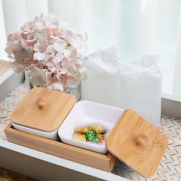 Keramisk serveringsfat for snacks med bambusbrettdeksel for frukt, nøtter og desserter (2 rom)